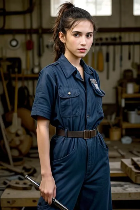 Susanna Otxoa mechanic in a busy auto workshop (setting: industrial, cluttered). She's in a mechanic's jumpsuit (fabric: durable...