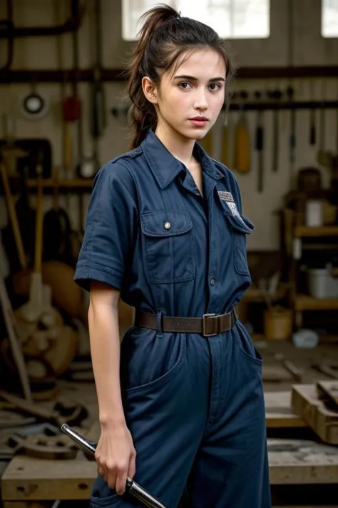 Susanna Otxoa mechanic in a busy auto workshop (setting: industrial, cluttered). She's in a mechanic's jumpsuit (fabric: durable, oil-stained) with a tool belt. Her hair is tied back in a practical ponytail, with no makeup. She's working under a car (action: skilled, focused), her pose confident and capable