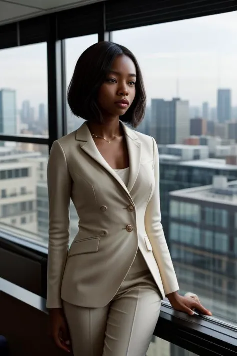 Adebola Arendse in einem Hochhausbüro (Einstellung: modern, Blick auf ein Stadtbild). Sie trägt einen schicken Business-Anzug (Stoff: feine Wolle, maßgeschneidert) mit einem glatten Bob-Haar, und professionelles Make-up. Sie schaut aus dem Fenster (Sicht: weitläufige Stadt unten), ihre Pose kraftvoll und nachdenklich