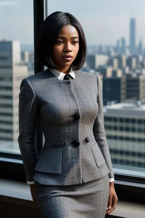 Adebola Arendse in einem Hochhausbüro (Einstellung: modern, Blick auf ein Stadtbild). Sie trägt einen schicken Business-Anzug (Stoff: feine Wolle, maßgeschneidert) mit einem glatten Bob-Haar, und professionelles Make-up. Sie schaut aus dem Fenster (Sicht: weitläufige Stadt unten), ihre Pose kraftvoll und nachdenklich