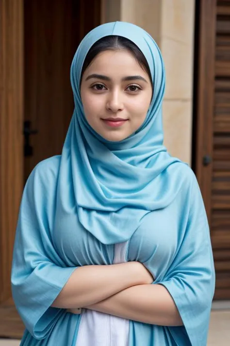 a woman in a blue hijab stands outside a building