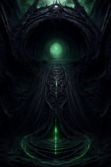 a dark green alien creature with a glowing face and a large head