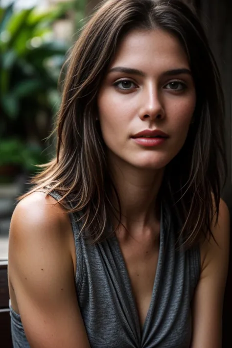 a close up of a woman sitting on a bench with a green plant in the background