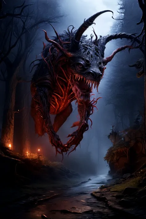 a demonic looking monster with horns and fangs in a dark forest