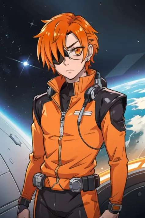 masterpiece, best quality, photorealistic, 1boy, solo, male focus, looking at viewer, , , <lora:kabuto_hanadori:0.68>, kabuto_hanadori, orange hair, orange eyes, eyepatch, , dalmatian costume, science fiction space opera, High definition