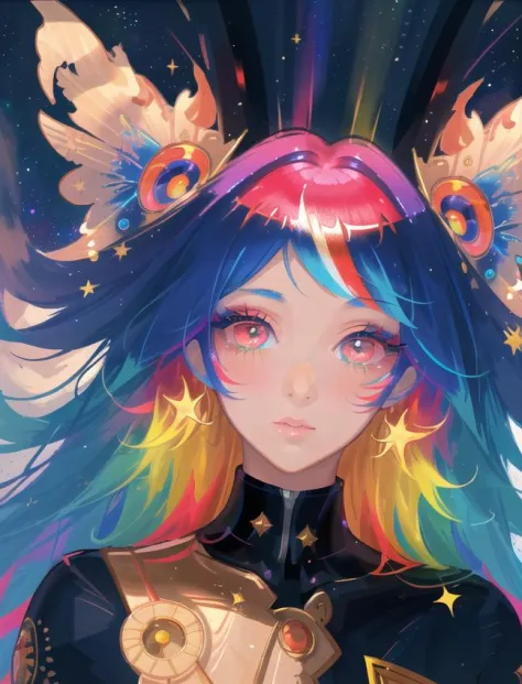 masterpiece, best quality, masterpiece, godlike quality, godlike art, highly detailed face, highly realistic, closeup, face only, cute, young girl, big eyes, long eyelashes, multicolored hair, multicolored eyes, shiny skin, full lips, big lips, shiny skin, blushing, magnificent view, in space, starry background, stars, shining light, multicolored light, spacial explosion, sunrays, multicolored rays,