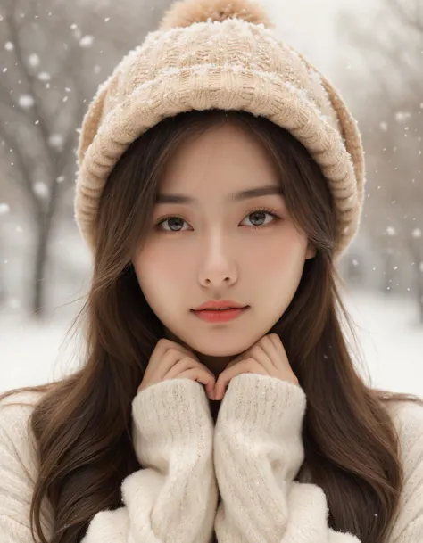masterpiece, best quality, raw photo, realistic, 1girl, (helf-length portrait:1.5), long hair, sweater, sweater hat, supporting ...