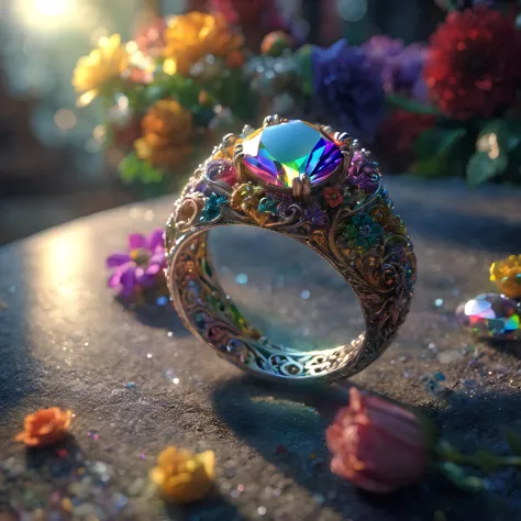 花魔法, focus on an elaborate 戒指, 珠宝, 戒指, (复杂的细节), (超详细), 8K HDR, 高详细, 很多细节, 高质量, 柔和的电影灯光, 戏剧氛围, 大气透视, 折射, 彩虹色, 