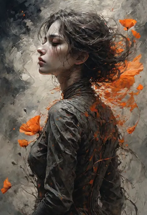 linquivera,coquelicot, beautiful woman, sorrowful expression, faded elegance, poignant atmosphere, lost beauty, melancholic aura, hauntingly captivating, timeless grief, stark contrast, delicate decay,line art,backlighting,wind,backlighting,stardust,(wind:1.2),knight,orange blood