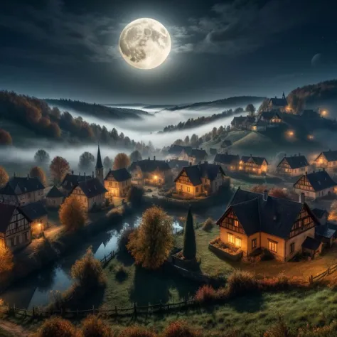 a view of a village with a full moon in the sky