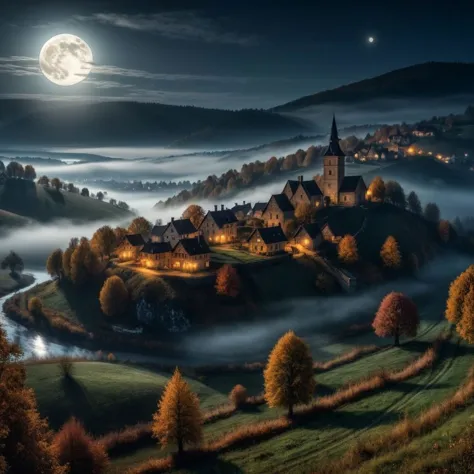 Village of Barovia, autumn, mist, eerie, night, full moon, masterpiece, detailed, 8k, uhd, hdr