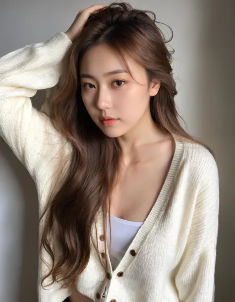 masterpiece, best quality, raw photo, realistic, instagram photo, portrait photo of 20 years old J-pop in white cardigan, (no markup), cleavage, pale skin, run her hand through her hair, (pout, thin lip), (flowing long hair), hard shadows, simple background