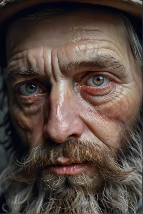 a close up of a man with a beard and a hat, a hyperrealistic painting inspired by lee jeffries, zbrush central contest winner, h...