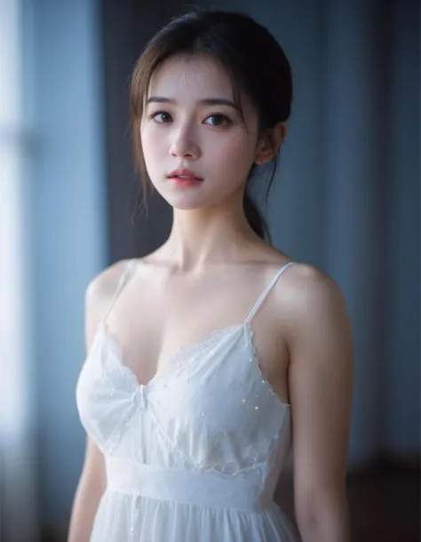 cinematic film still adult girl, whole body, medium breasts, looking at viewer, solo:1, white dress . shallow depth of field, vi...