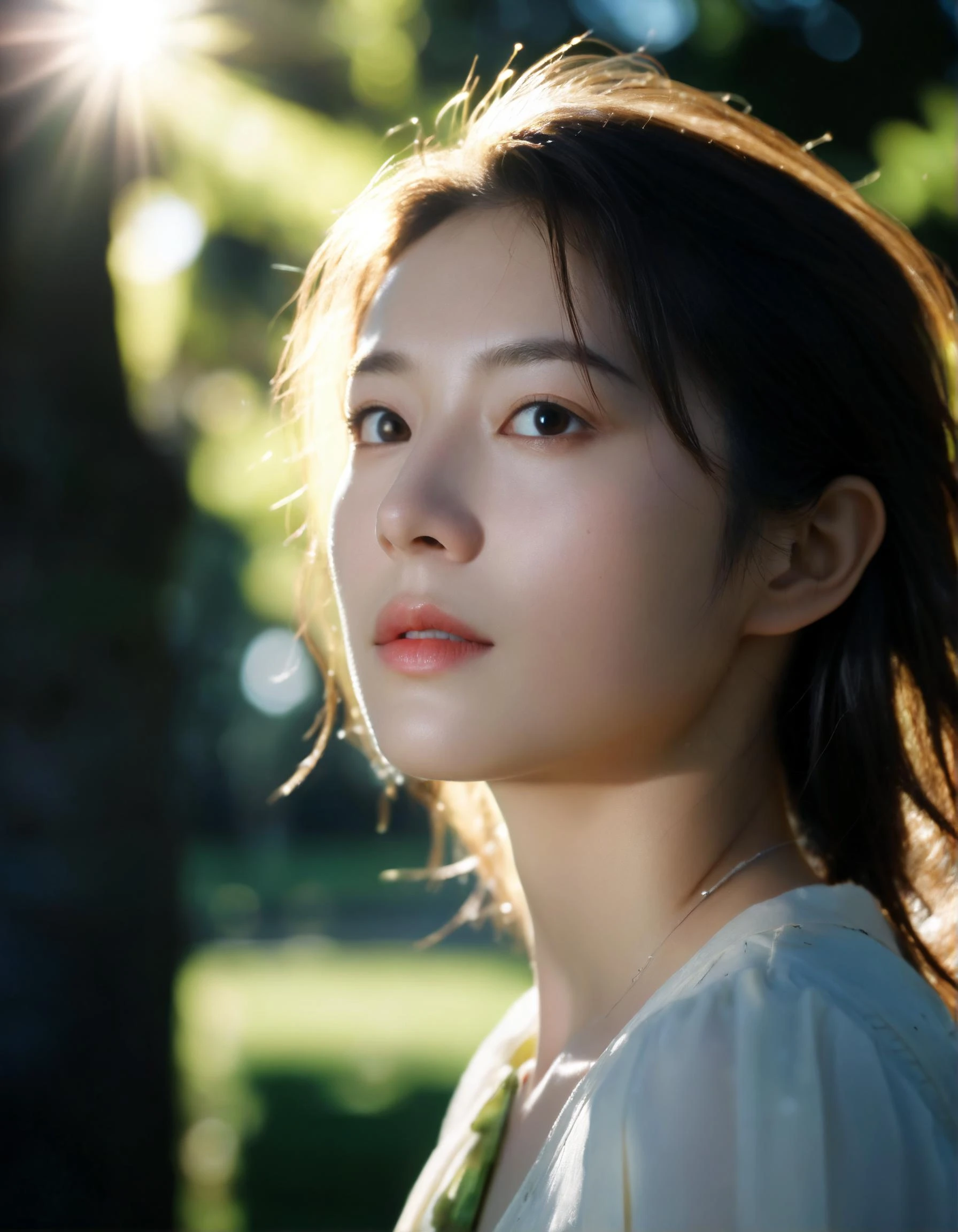 adult girl, close shot, (face upward:0.7), looking at viewer, (sun light and tree shadow on the face),
(masterpiece:1.2), (best quality:1.2), (extremely detailed:1.2), (photorealistic:1.1), (ultra detailed),