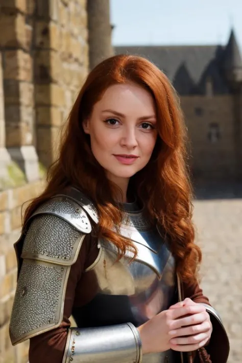 portrait photo, natural woman,high quality photo, perfect details and textures, highly detailed front view, perfect lighting, perfect composition, perfect lighting,<lora:xxcriscas-07:1> redhead xxcriscas with a medieval armor in the castle