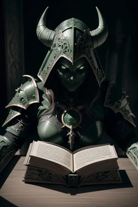 a close up of a person in armor reading a book