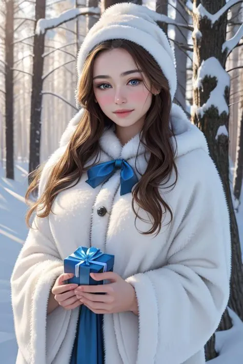 a woman in a white coat holding a blue present in the snow