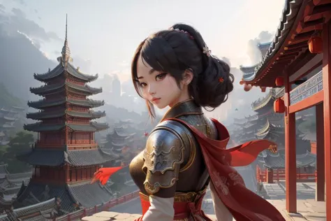 (masterpiece:1.4),ultra-detailed,(best quality), illustration, (Depth of field) beautiful girl killer, medieval fantasy Chinese city, temple in the background,