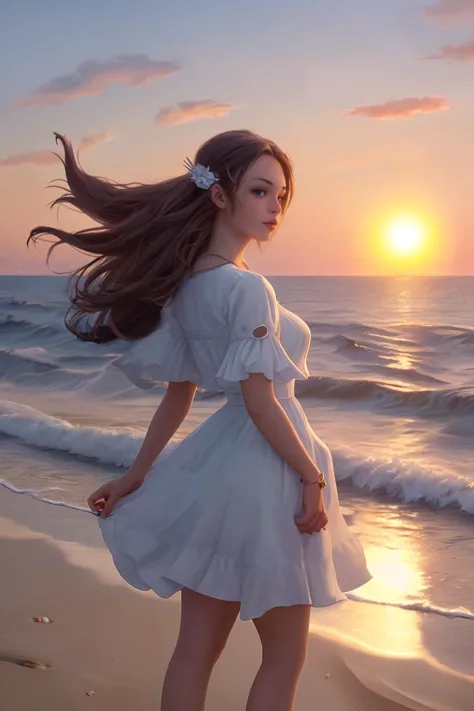 a woman in a white dress standing on a beach next to the ocean