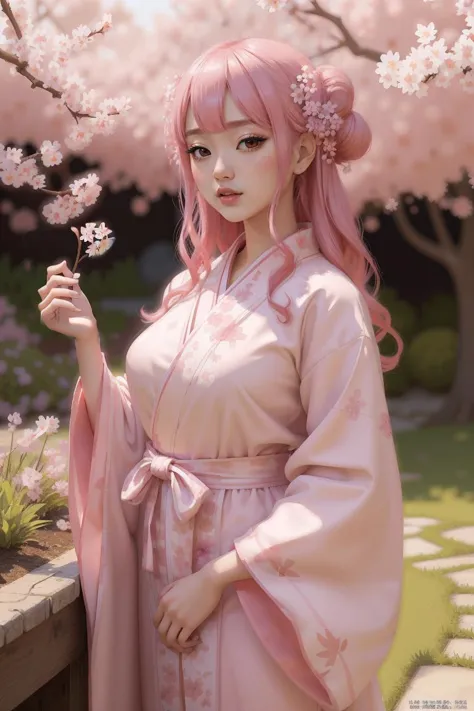 a woman in a pink kimono is holding a flower