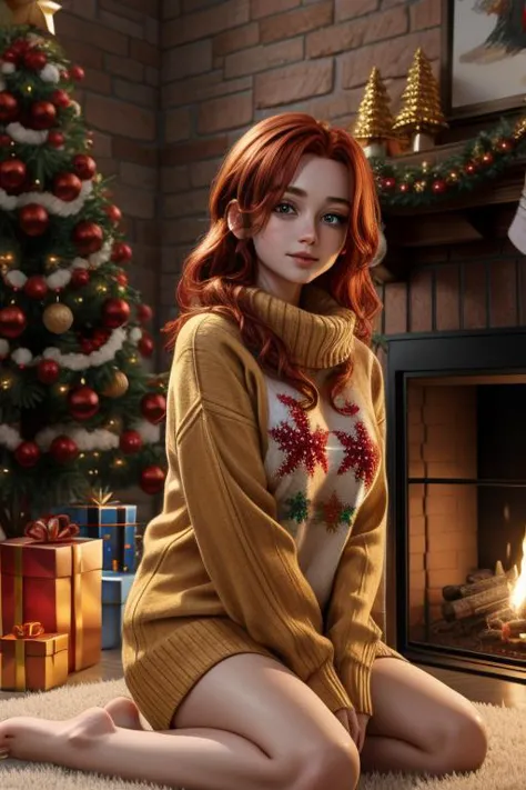 (extremely detailed CG unity 8k wallpaper), masterpiece, best quality, 1girl red hair, wearing christmas sweater, christmas decoration in background, lit fireplace in background <lora:hairdetailer:0.8>, <lora:more_details:0.7>, <lora:add_detail:0.6>,