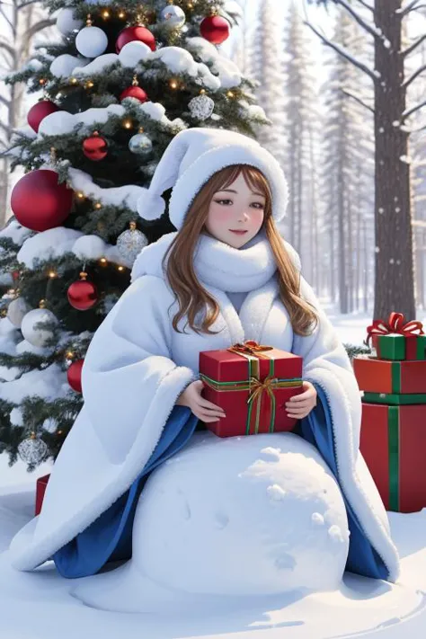 best quality, masterpiece, snow-covered coniferous forest, large blue Christmas tree in a clearing, gifts under the tree, beautiful Snow Maiden with a gift in her hands