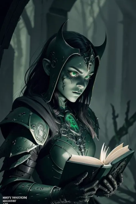 a woman in armor holding a book in a dark forest