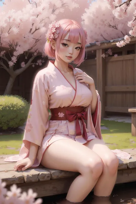 anime girl in kimono outfit sitting on a wooden platform