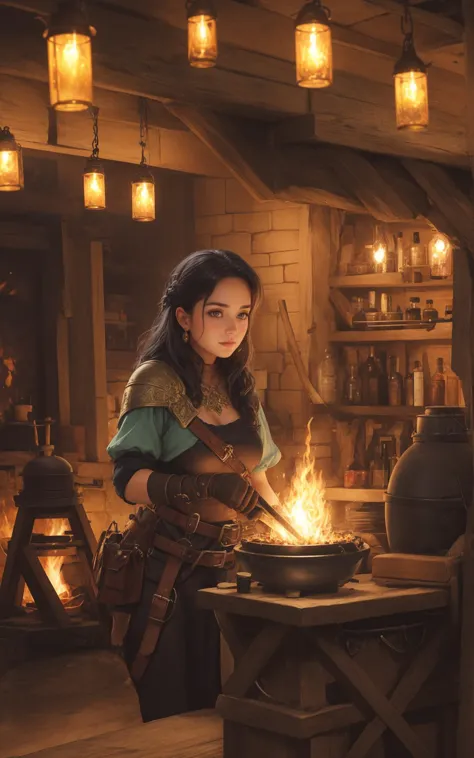 a woman in a medieval outfit cooking food in a kitchen