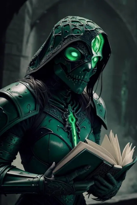 a woman in a green costume holding a book and a green light