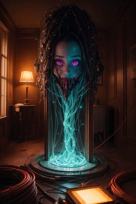 a woman with glowing eyes in a glass jar with wires