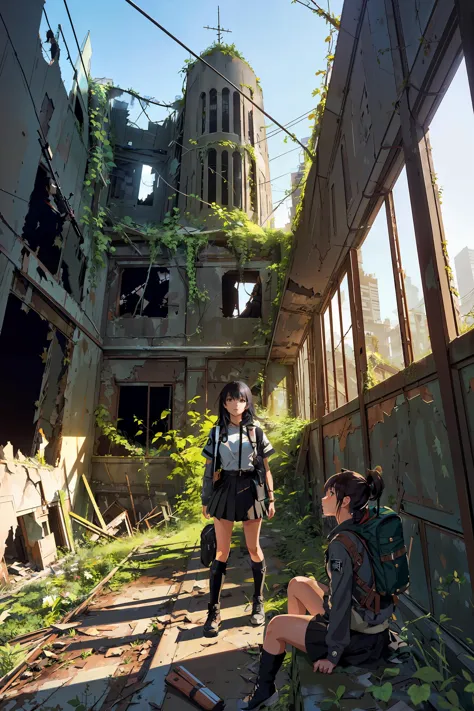 masterpiece, best quality, anime style, wide-angle, full body shot, beautiful_girl in explorer_outfit, black_skirt, long_black_boots, backpack, exploring abandoned building, city ruins, apocalypse, overgrowth vines, nature, wildlife in apocalypse city, natural lighting, soft lighting, (featured on pixiv:1.25),  trending on artstation, precise line-art,