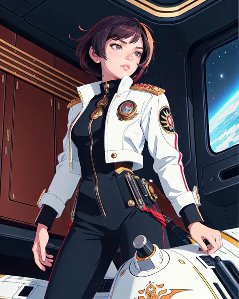 masterpiece, best quality, high quality, 90s anime style, intricately detailed, thick outlines, detailed face, detailed eyes,  science fiction, 1girl, noble, warhammer 40k, short hair, jacket, epaulettes, gold trim, military uniform, gothic architecture, (in the style of Hajime Yatate), white cropped jacket, starship interior, space battleship yamato, black hair, standing, (from below:1.3), (messy hair:1.3), starship bridge, medium hair, bodysuit, open jacket