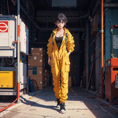 arafed woman in yellow rain suit standing in a warehouse