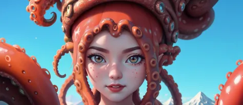 a close up of a woman with octopus tentacles on her head