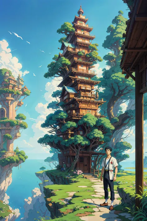 a man standing in front of a tall tower with trees