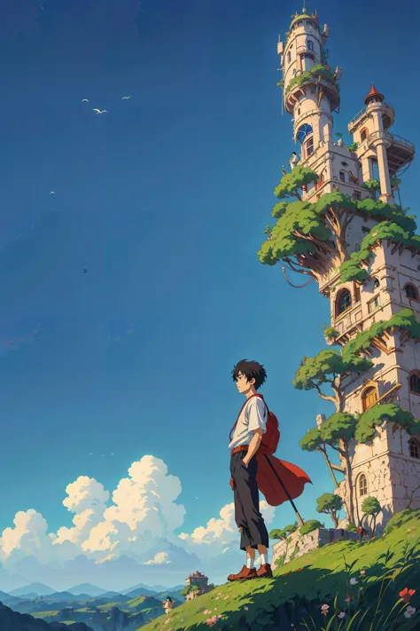 a man standing on top of a lush green hillside next to a tall tower