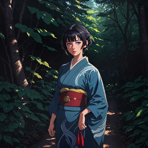 anime character in kimono outfit standing in the woods with a red umbrella