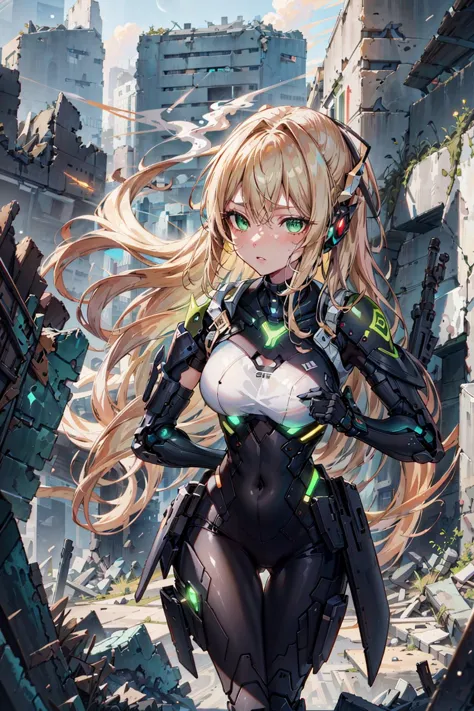 a woman in a futuristic suit standing in front of a destroyed city