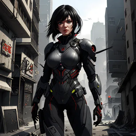 photorealistic 3D rendered portrait of anime woman, black hair, wearing futuristic combat gear, in post-apocalyptic New York City, high resolution, cinematic, 4k, illustration