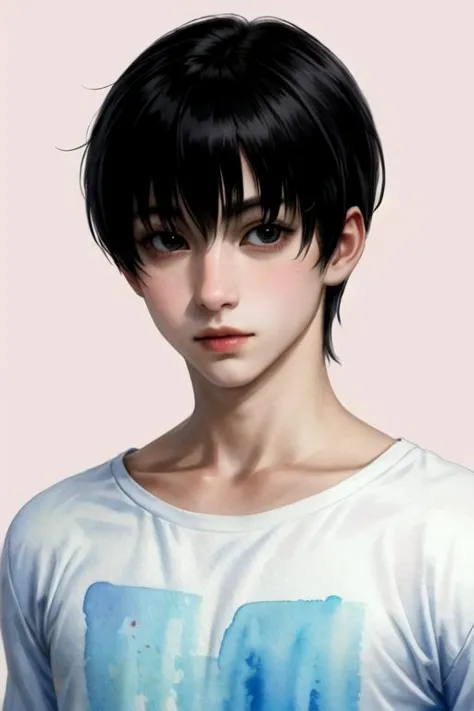 a close up of a person with a short hair and a t - shirt