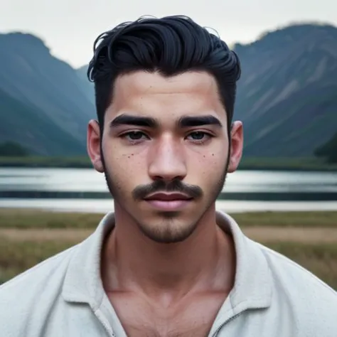 a close up of a man with a mustache and a shirt