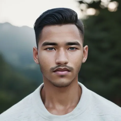 a close up of a man with a mustache and a white shirt