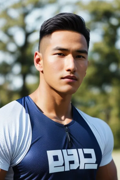 a close up of a man in a blue and white shirt