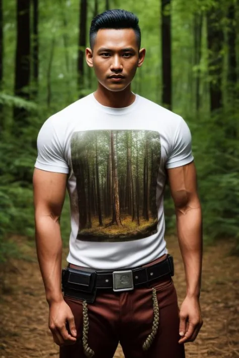syahnk, masterpiece, best quality, highres, realistic, a male muscular bounty hunter, silk t-shirt, brown chaps, handsome face, ...