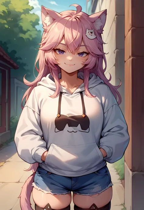 anime girl with pink hair and glasses standing on a sidewalk