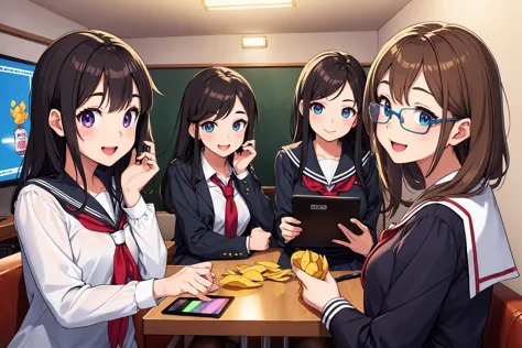 a group of school girls in a karaoké room, uniforme scolaire, séraphin, petite chambre, canapé d&#39;angle contre le mur, table rectangulaire, micros, tablette, la télé, karaoké, JoySound, bouteilles de soda, chips de pommes de terre, amuse-gueules, verres remplis, Mignon, kawaii, Beau, (sourire:1.3), rire, yeux détaillés, Visage détaillé, (Meilleure qualité, chef-d&#39;œuvre), extrêmement détaillé, tendance chez pixiv,