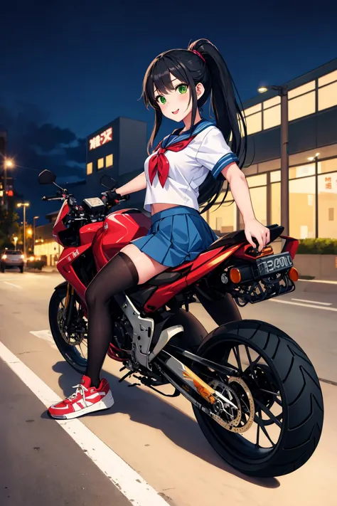 1girl, black hair, long hair, ponytail, green eyes, school uniform, serafuku, blue pleated skirt, black thighhighs, sneakers, motorcycle, machinery, motor vehicle, motorcycle, Suzuki GSX400S Katana, cute, kawaii, beautiful, sexy, night, city streets, cityscape, (best quality, masterpiece), extremely detailed, trending in Pixiv,