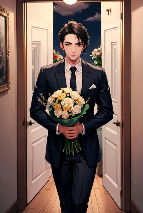 arafed image of a man in a suit holding a bouquet of flowers